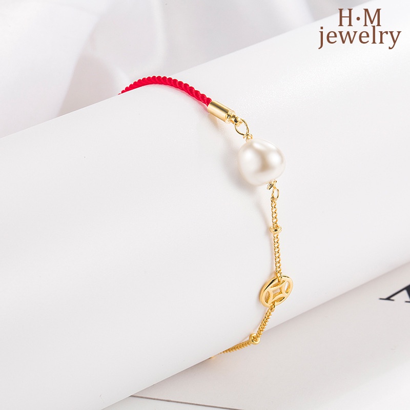 Gelang Tali Merah Aksen Mutiara Bahan S925 Silver Gaya Retro