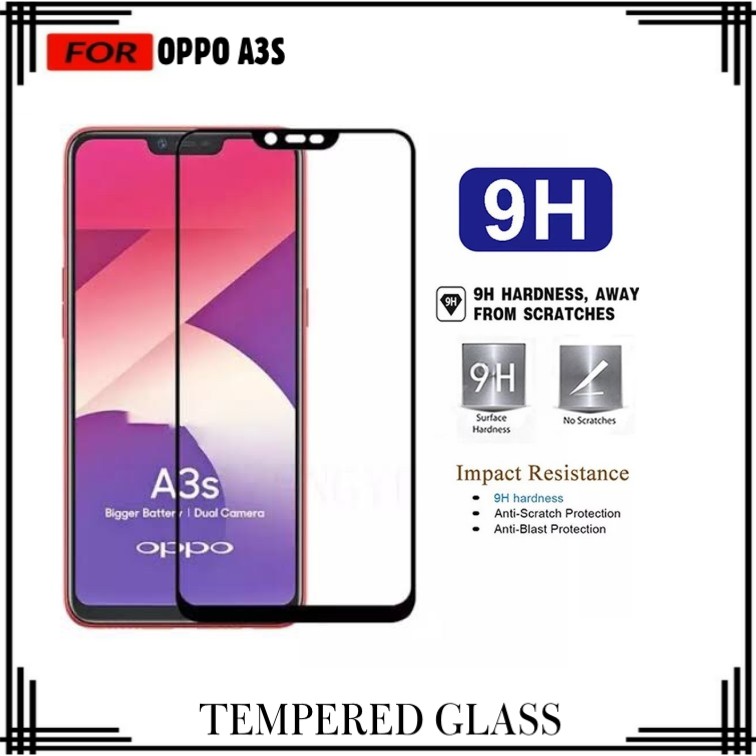 PROMO TEMPERED GLASS OPPO A3S ANTI GORES KACA LIST HITAM FULL LAYAR PREMIUM ANTI BEKAS SIDIK JARI