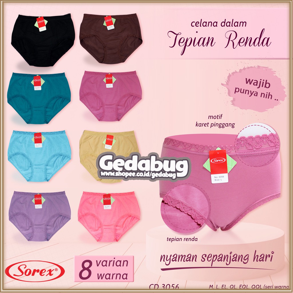 3 Pcs - CD Wanita Sorex 3056 Semi Renda | Celana dalam wanita Cutting Maxi Supersoft | Gedabug