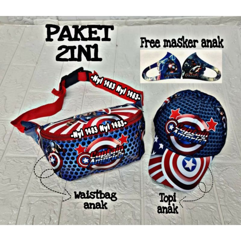 WAISTBAG/TOPI ANAK BASEBALL SPIDERMAN FREE MASKER