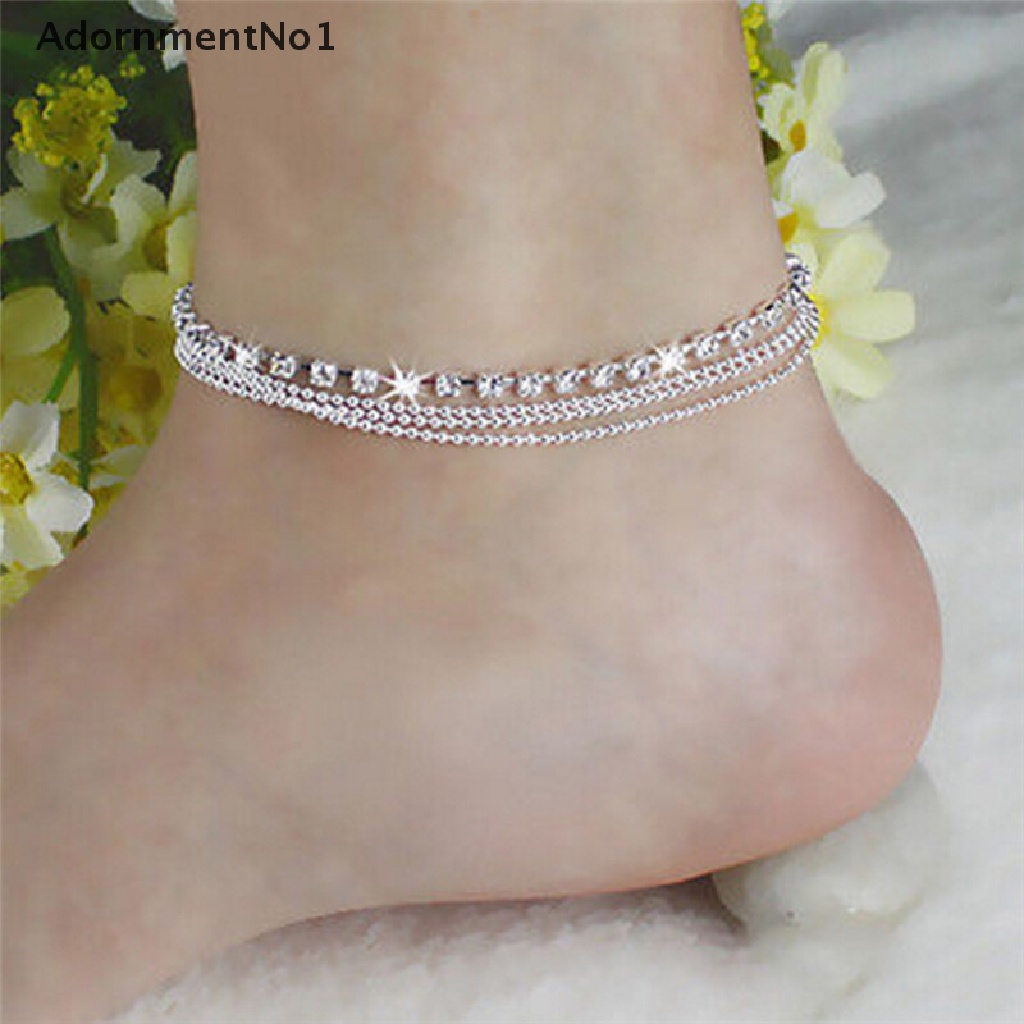 (AdornmentNo1) Gelang Kaki Rantai Silver Aksen Rumbai + Manik-Manik Kristal + Berlian Imitasi Untuk Wanita