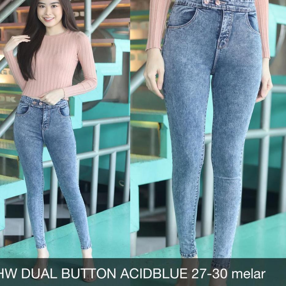 7FC CELANA JEANS WANITA.HW DUAL BUTTON ACIDBLUE Terkini