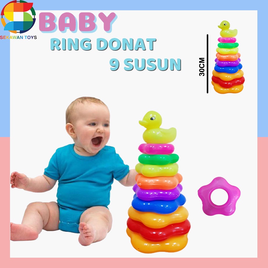 Sekawantoys Mainan anak Ring donat/Pil Up bintang 9 susun+bebek jala ( SKW.1619-9 )