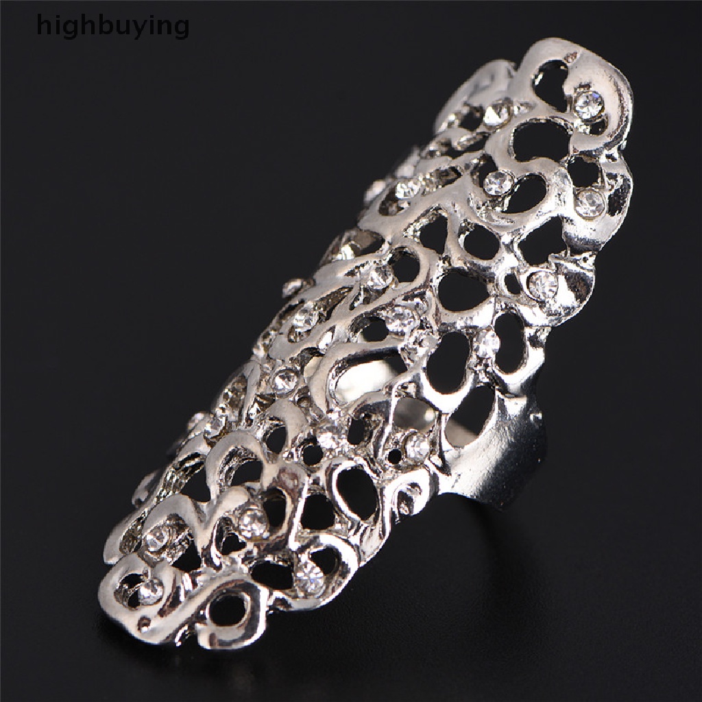 Hbid Cincin Knuckle Full Finger Desain Bunga Hollow Hias Kristal Berlian Imitasi Gaya Punk Untuk Wanita