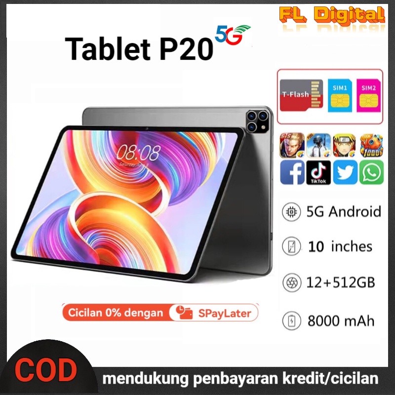 【Hot】Asli Tablet PC  P20 Baru 12GB+512GB Android Layar Full Screen Layar Besar Wifi 3G/4G/5G Dual SIM Tablet belajar kantor  Untuk Anak Belajar TAB