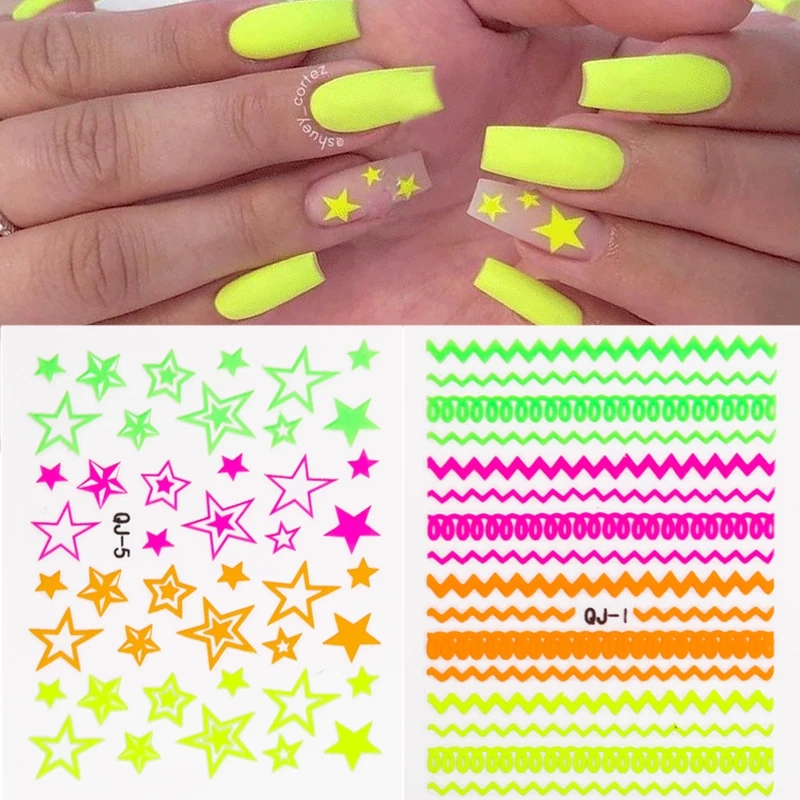 (1 Lembar) Stiker Kuku Foil 3d Motif Bintang/Garis/Berlian Neon Transfer Air Untuk Nail Art