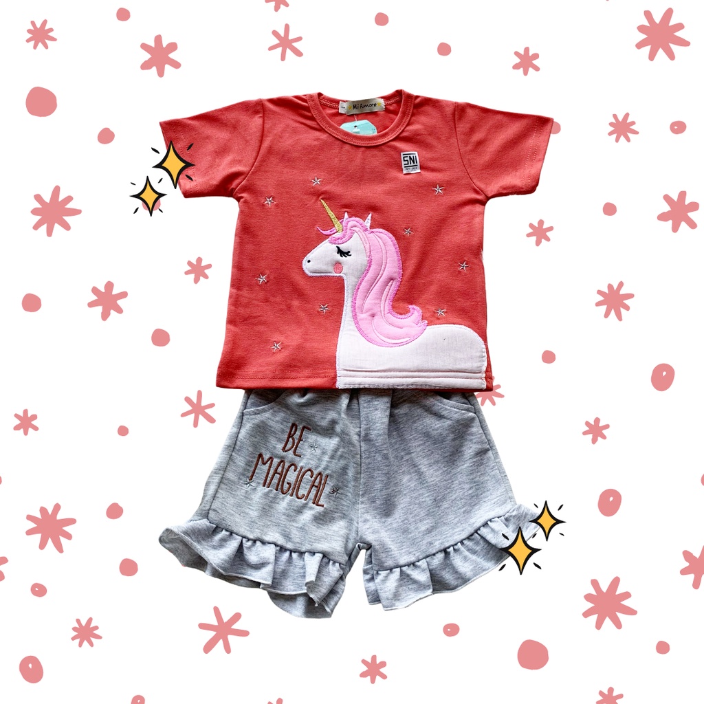 magical unicorn ruffle tee set setelan anak harian kaos celana pendek 1-3 tahun baju bayi perempuan cewek baby balita