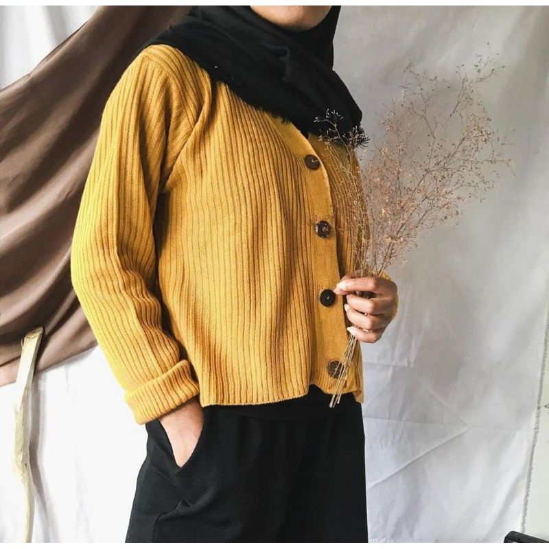 Cardigan Rajut crop Oversize premium nacara Tebal-Mustard