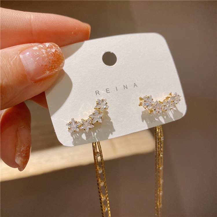 Anting Tusuk Gantung Panjang Sterling Silver 925 Desain Bintang Hias Berlian Gaya Elegan / Mewah Untuk Wanita