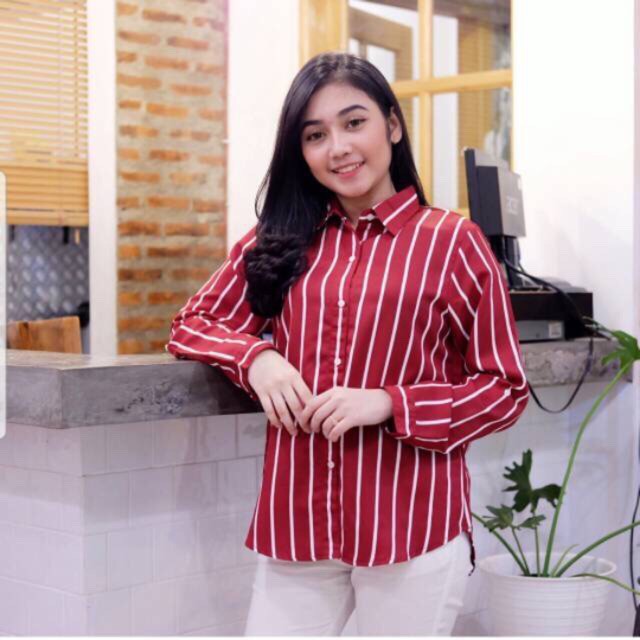 BLOUSE MOTIF SALUR - Kemeja Garis Wanita Full Kancing Lengan Panjang