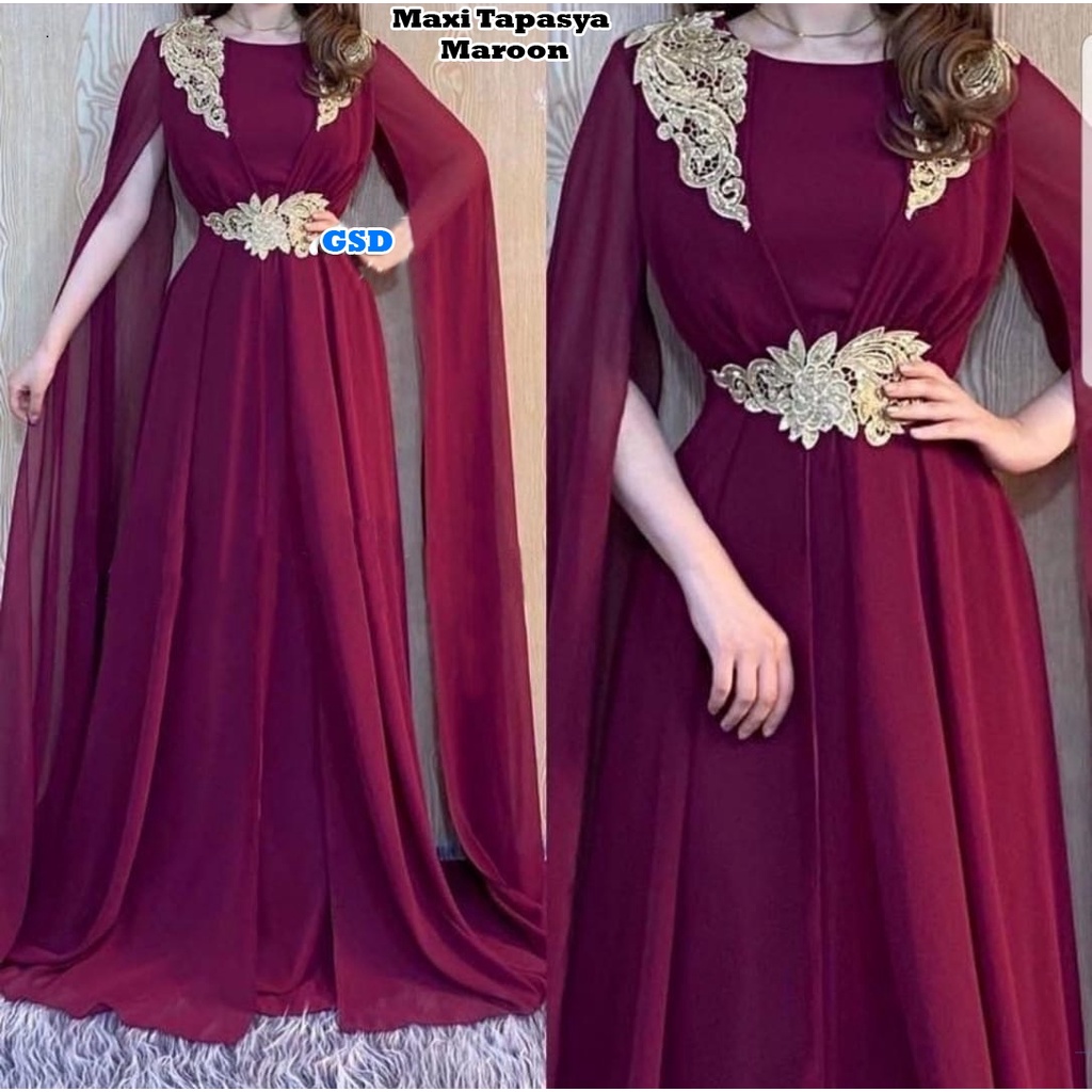 Tapasya /Long Dress Maxi Muslim Baju Pesta Wanita Bordir Baju Kondangan Cewek Lengan Selendang Bahan Moscrepe Size L