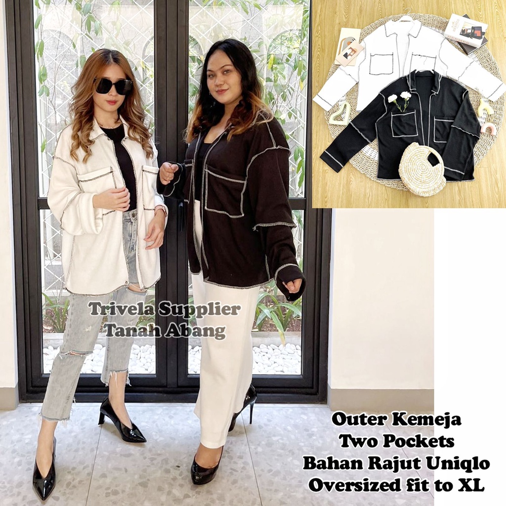 Outer Kemeja Rajut Bolbal Oversized BLACK &amp; WHITE