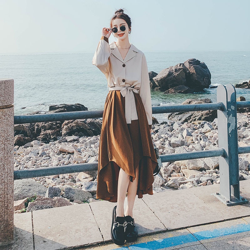 French color matching long sleeve dress women's new autumn 2021 style slim irregular Hepburn A-line