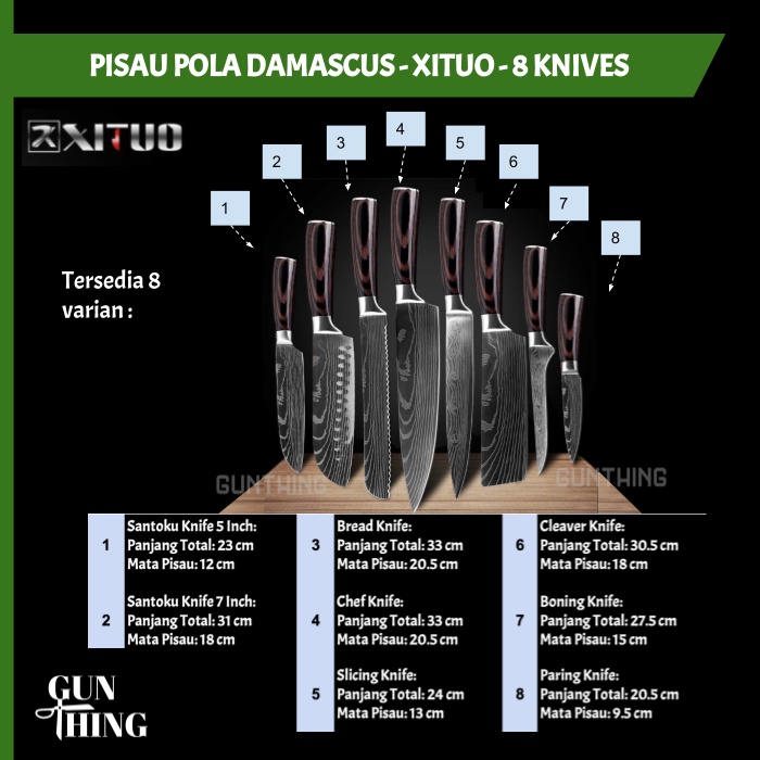 Pisau Dapur Damascus - XITUO 8 Knives / Chef Boning Santoku Paring Bread Cleaver Slicinng