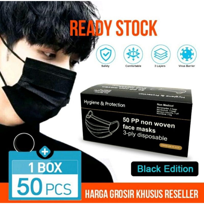 Masker Earloop 3ply Hitam / Masker Cantol Hitam 3 ply / Earloop Disposable Mask Black 3 ply