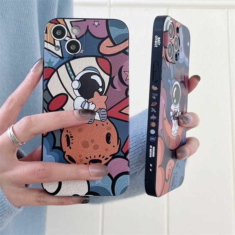 Soft case Dengan Tali Tangan Portabel Bentuk Kotak Desain Astronot Untuk iphone 11 12 13 pro max Xs max XR 7 8 plus se2020