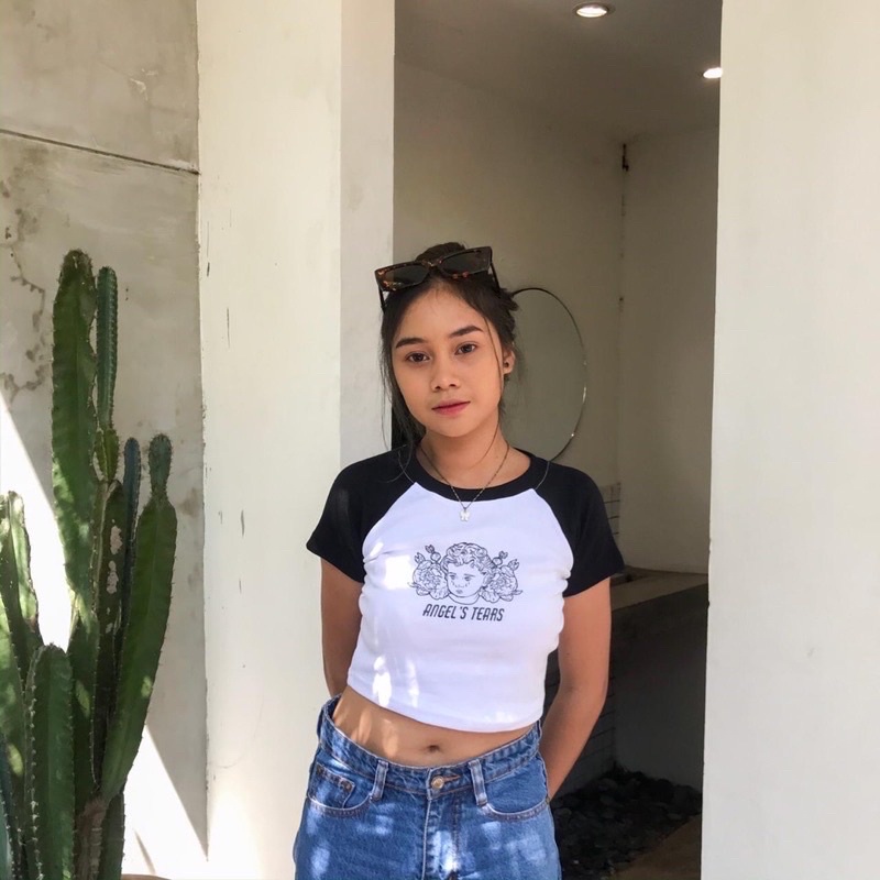 BEFAST - ZEC OOTD Wanita Kaos Crop AIME / Crop Tee Angel Tears | Crop Top Raglan (LD 88, P 45) / Atasan Crop Wanita / Kaos Kekiniaan Remaja Wanita / Crop Top Viral / Tshirt Lengan pendek / Terbaru 2022 / Kaos Crop Top Ala Korean Style