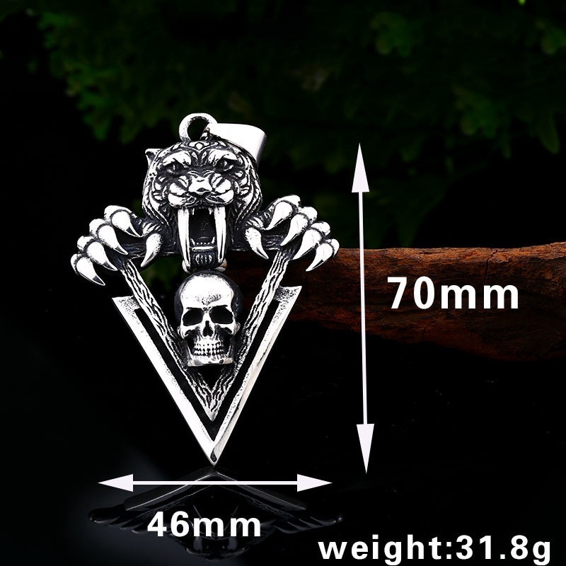 Retro fashion sword tooth tiger triangle Skull Pendant Necklace punk men's jewelry