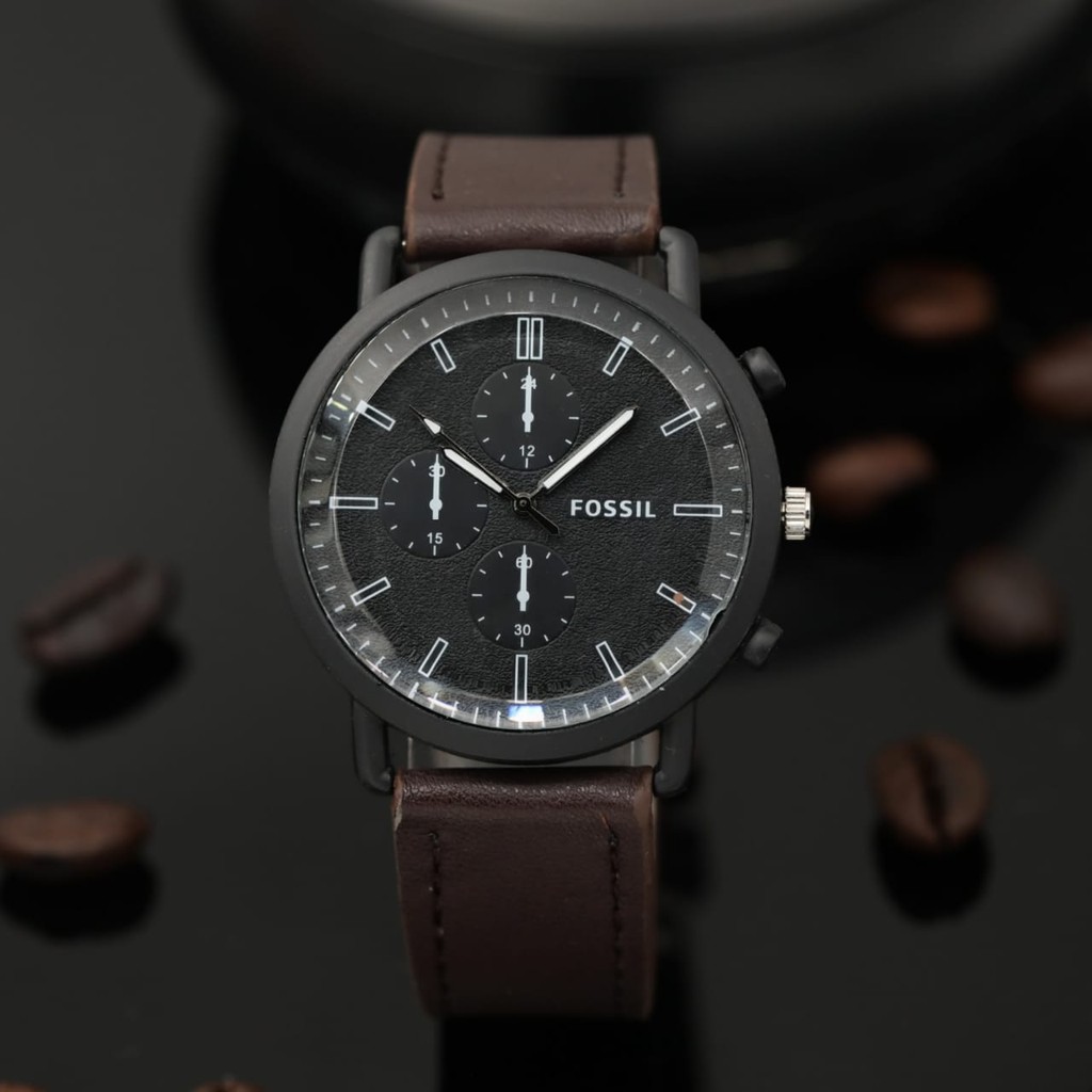 Best Seller  Jam Tangan Pria Fs 00505L Chrono Hiasan Tali Kulit Bisa Bayar di Tempat