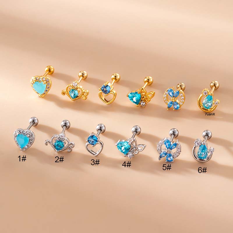 1 Pc Anting Stud Zircon Bentuk Hati Bahan Stainless Steel Warna Biru