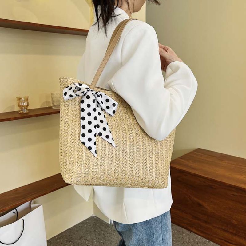 Tas Anyam Pita Polka TW220 Large Capacity Rajut Jerami Etnik Unik Woven Straw Shoulder Bag