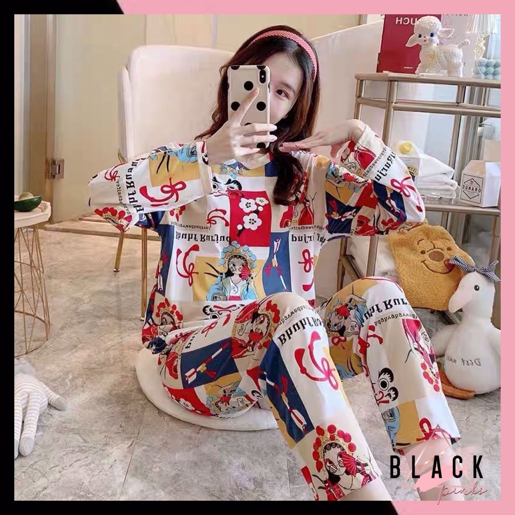 Blackpink Baju Tidur Set Baju + Celana Setelan Piyama Wanita Lengan Panjang Motif Kartun 4018