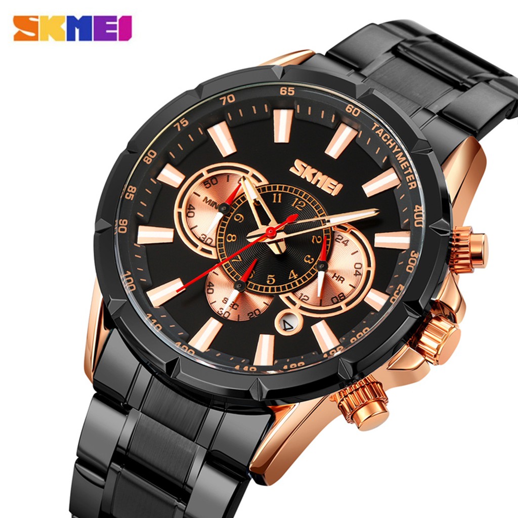 SKMEI 9241 Jam Tangan Pria Analog Chronograph Tali Stainless WATCHKITE WKOS