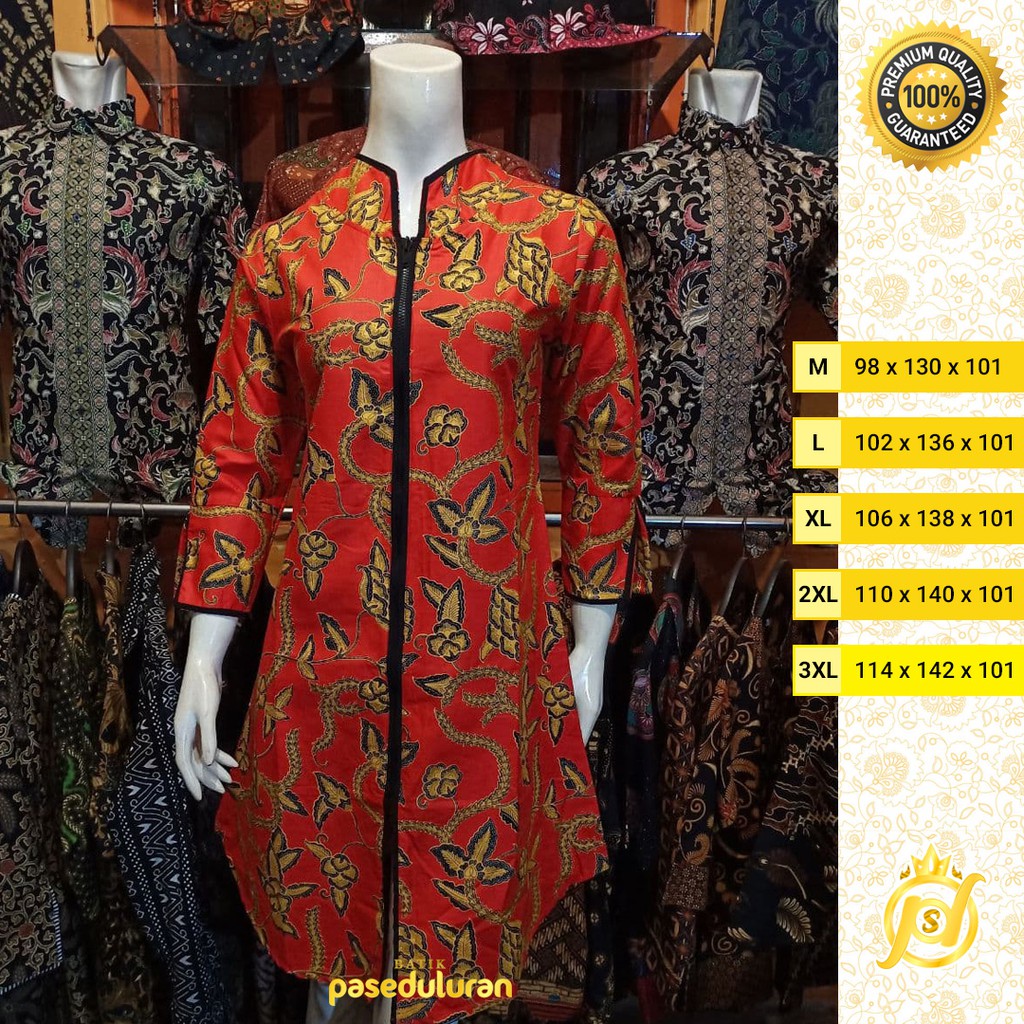 Tunik Wanita Batik Atasan Premium Motif Mandarin Warna Merah Resleting Panjang Terbaru