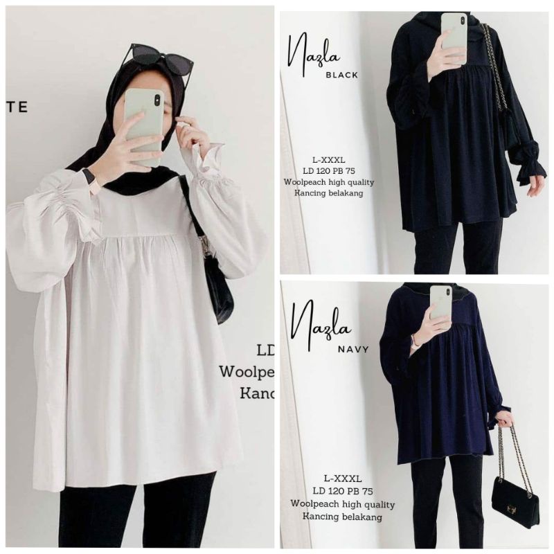 Baju Atasan Wanita Jumbo Ld 120 Tunik Polos Panjang Lengan Karet Terompet Kemeja Remaja Muslimah Leb