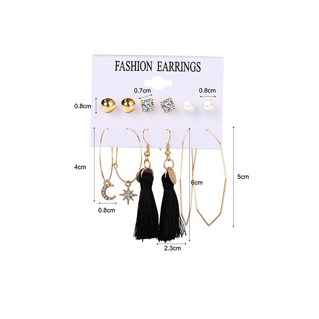 LRC Anting Set Fashion Color Mixing Geometric Star And Moon Tassel Set With Diamond Pearl Earrings