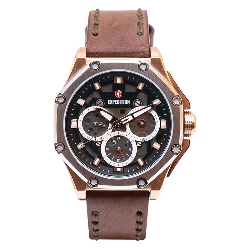 Jam Tangan Wanita Expedition E 6686 BF LTRBA Ladies Black Dial Brown Leather Strap