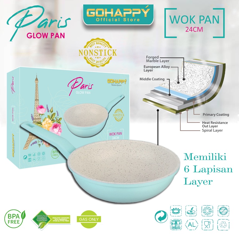 WOK Glowpan Panci Gohappy Paris GHP10 TOSCA Wajan Penggorengan anti lengket marble putih BPA-FREE Termurah