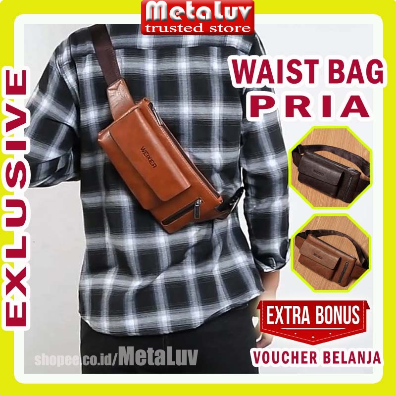 Tas Pinggang Pria Kulit PU Coklat Hitam HP Tebal Waistbag Cowok Bisa di Bahu Distro Tad Weisbag Laki