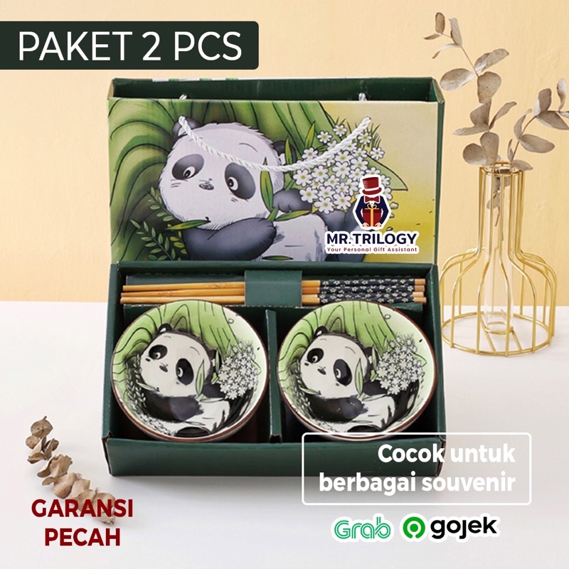 Hampers Mangkok Keramik Panda Hijau Jepang Gift Set Sumpit Estetik Hadiah Souvenir Pernikahan Bambu