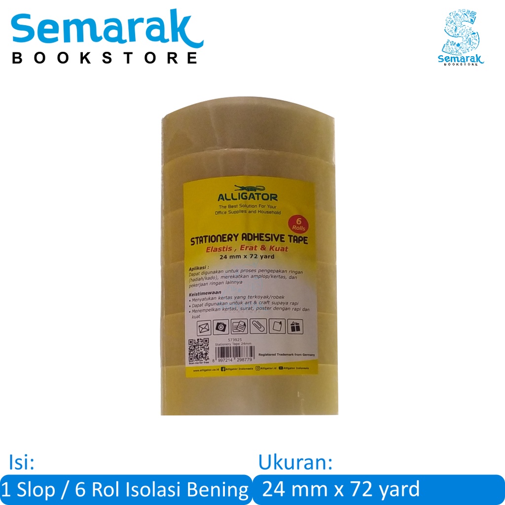 

Alligator Stationery Tape Isolasi Lakban Bening 24 mm x 72 yard - Transparan [1 Slop / 6 Rolls]