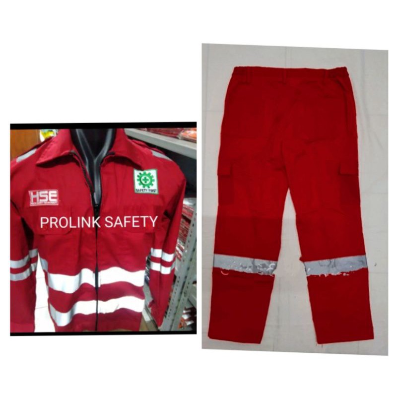 SETELAN BAJU SAFETY MERAH RESLETING BERLOGO HSE K3 BENDERA