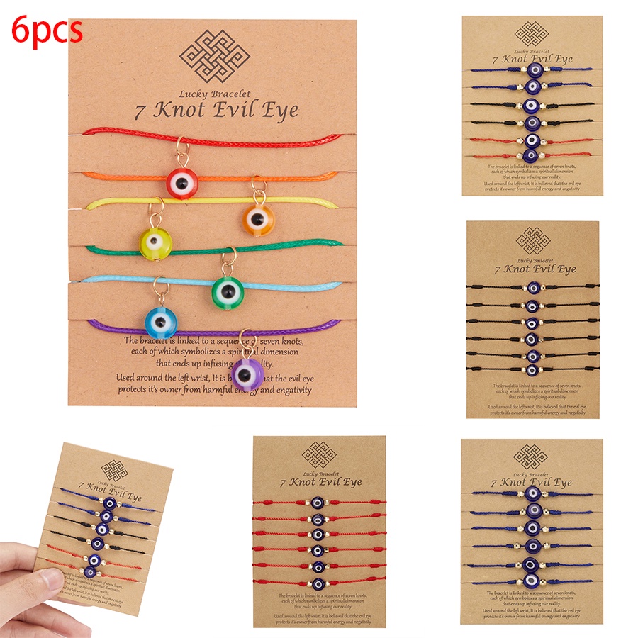 6 pack Gelang Rajut adjustable Desain evil eye Warna Biru Pelangi Untuk Pasangan