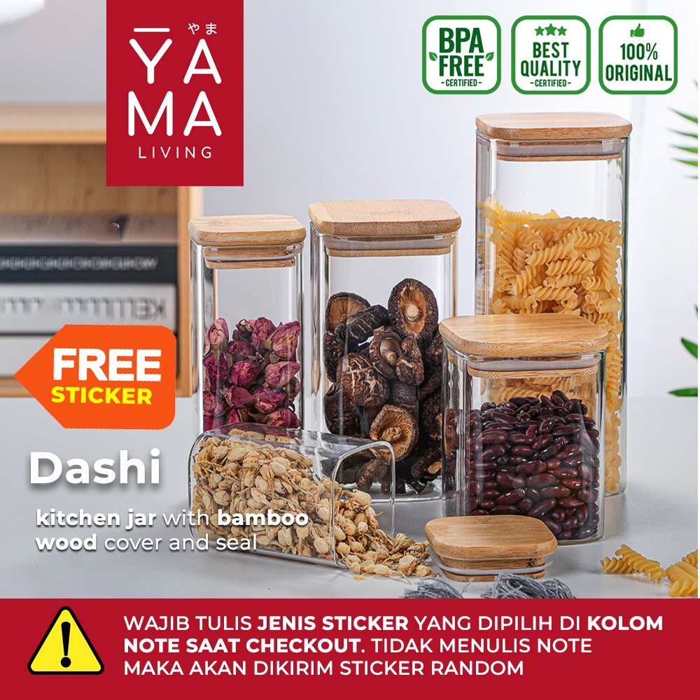 YAMA DASHI Square Seasoning Bamboo Jar Toples Kedap Udara Kotak Kaca Tempat Bumbu Dapur Borosilicate Glass