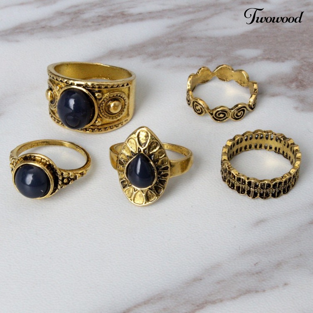 5pcs / Set Cincin Jari Bahan Alloy Aksen Batu Biru Gaya Bohemian Vintage Untuk Wanita