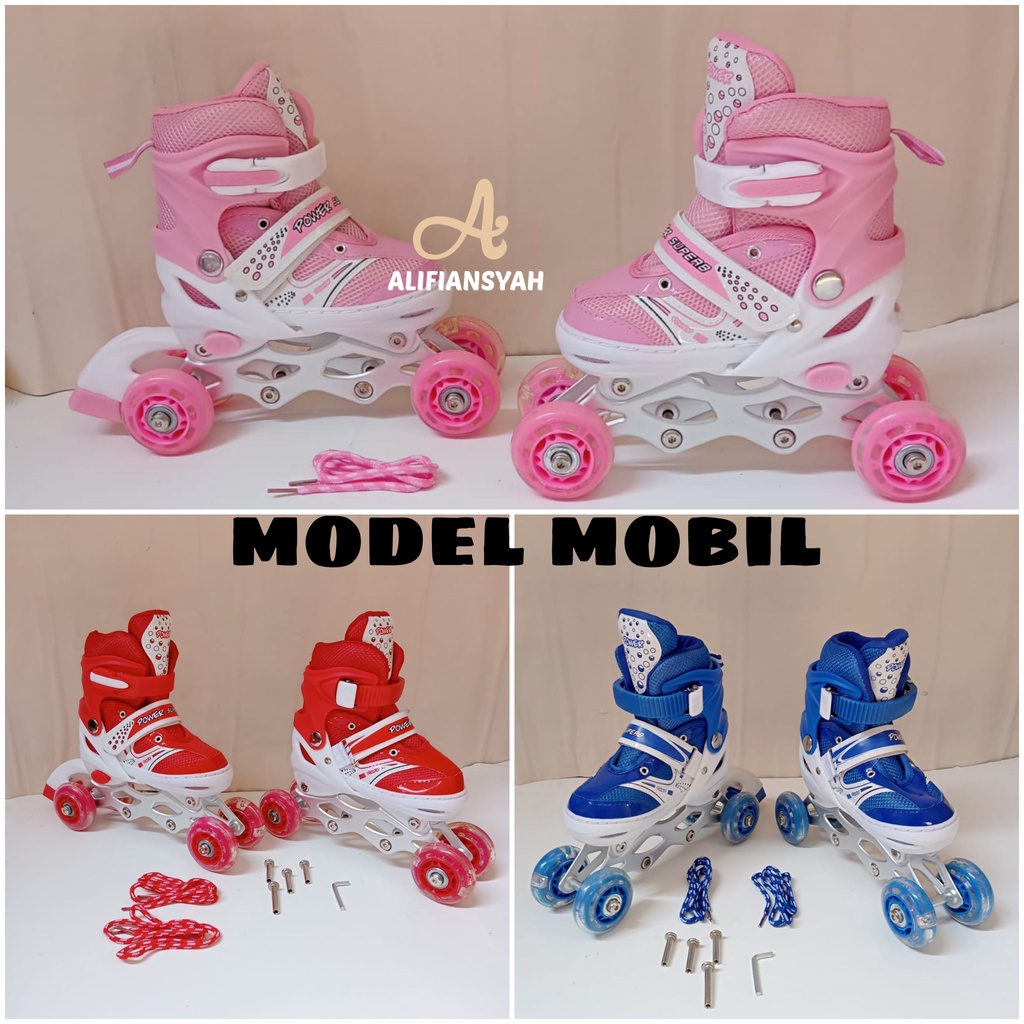 Sepatu Roda Model Bajaj Fullset Helm dan Pelindung POWER SUPERB Bisa Model Mobil dan Sejajar