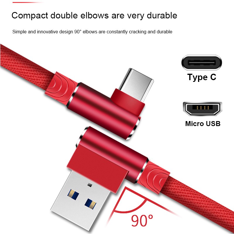 Kabel Data / Charger USB Tipe C &amp; Micro USB 90 Derajat Model Kepang Untuk iPhone / Android