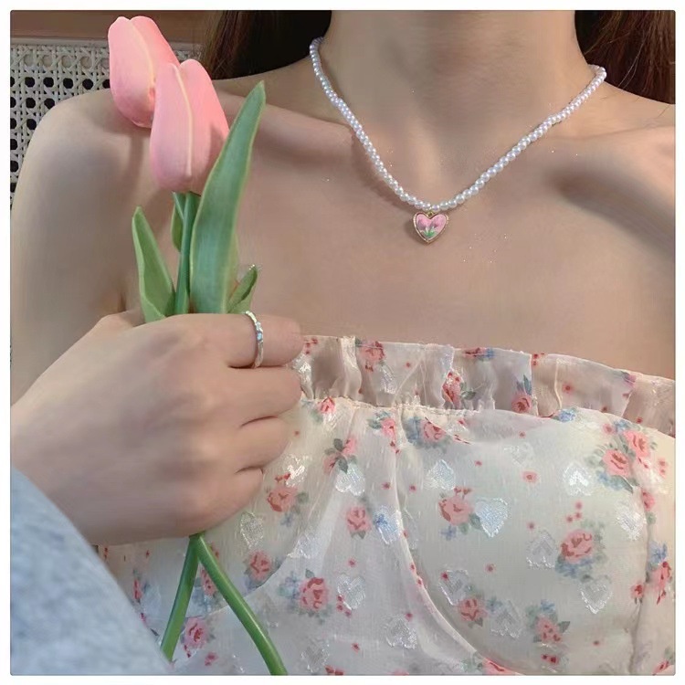 Kalung Choker Manik-Manik Mutiara Bentuk Bunga Tulip Warna Pink Untuk Wanita