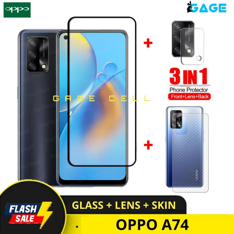 PAKET 3IN1 TEMPERED KAMERA GLASS SKIN CARBON OPPO A74 TG ANTI GORES FULL LAYAR SCREEN PROTECTOR