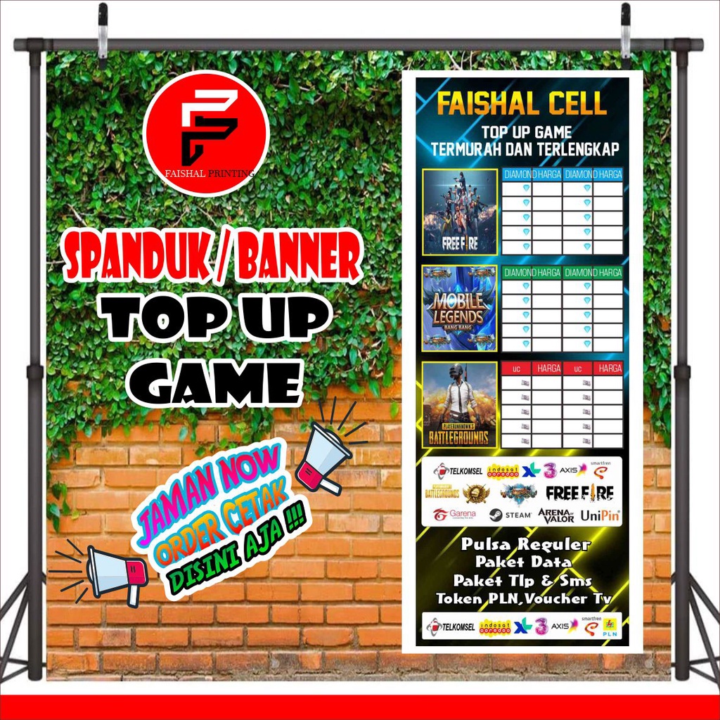 spanduk/banner konter pulsa top up game ukuran 0,6 x 1,6 meter