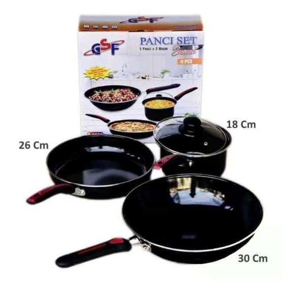 Panci Set Enamel GSF G-2630 Frypan Tutup kaca Wajan Wok Dan Saucepan