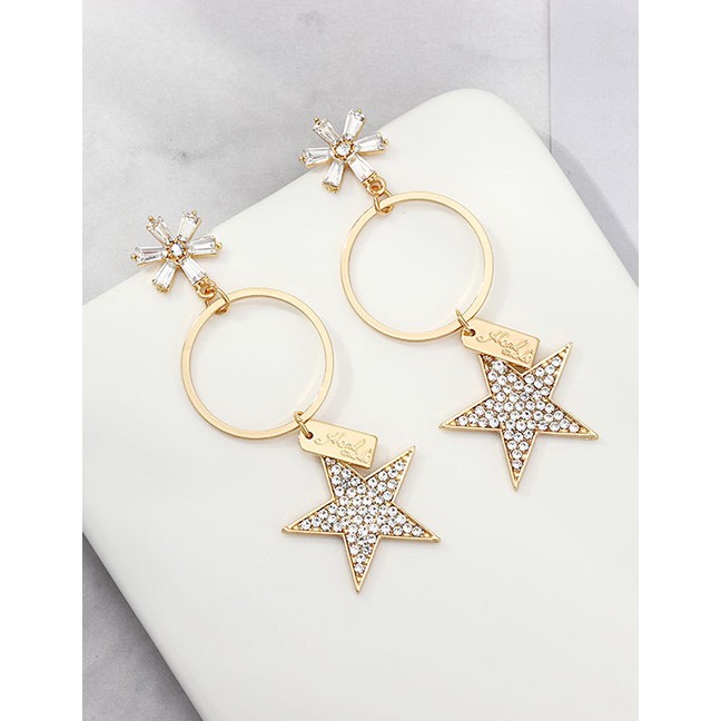 LRC Anting Tusuk Fashion Gold Crystal Five-pointed Star S925 Silver Pin Stud Earrings D57244