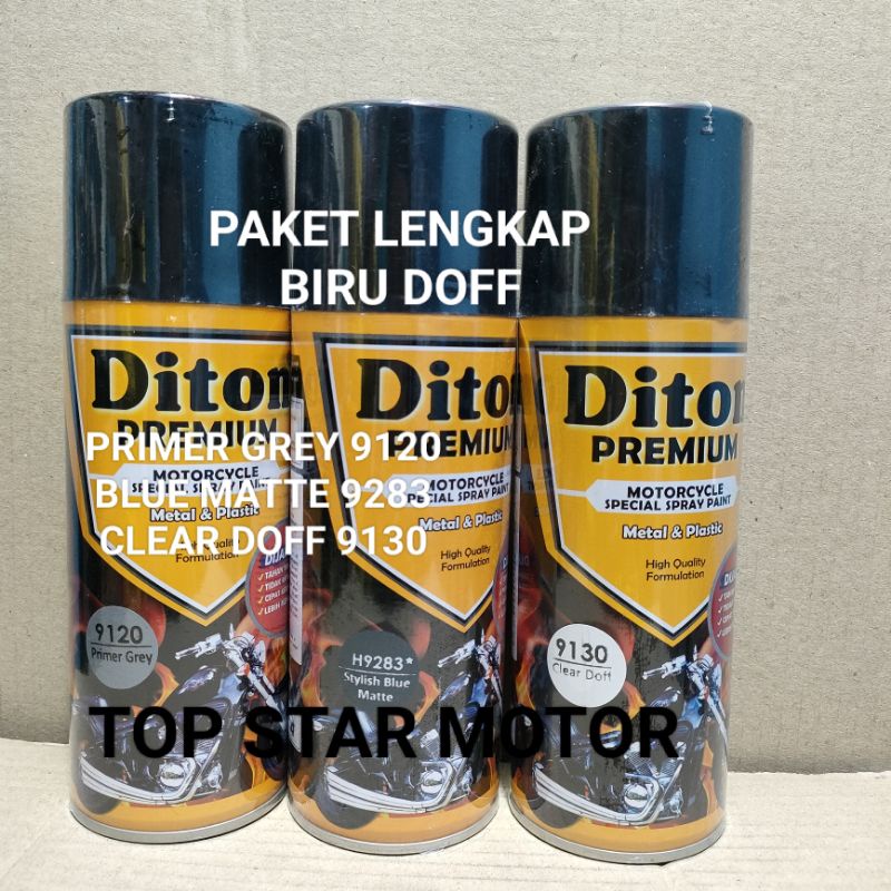 Pilok Paket Lengkap Cat Diton Premium Primer Grey 9120 Stylish Blue Matte H9283 9283 Clear Doff 9130 400cc.. Pilok Paketan Stylish Blue Matte Cat Semprot Diton Premium 400cc