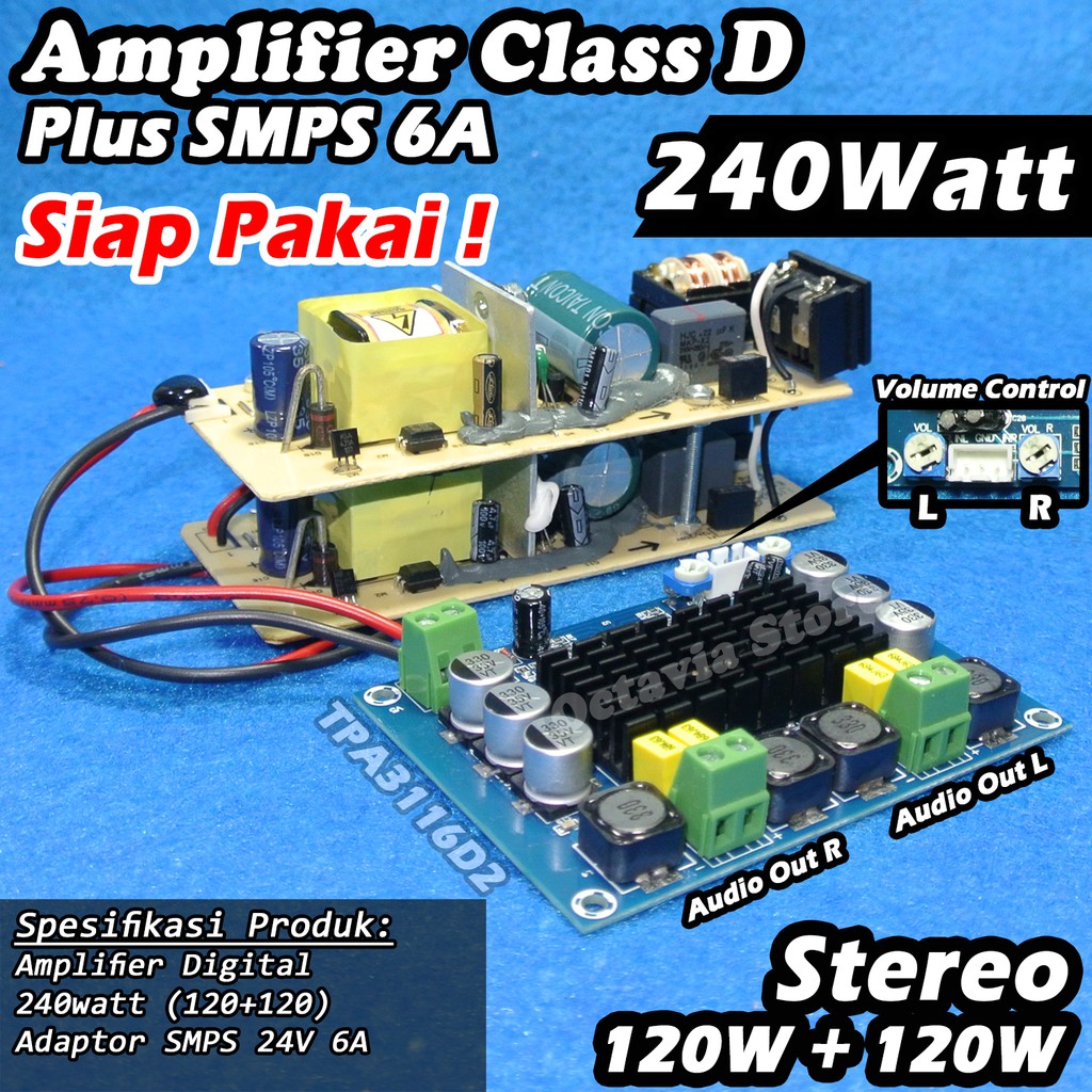 amplifier Class D 240watt TPA3116D2 paket lengkap adaptor SMPS siap pakai