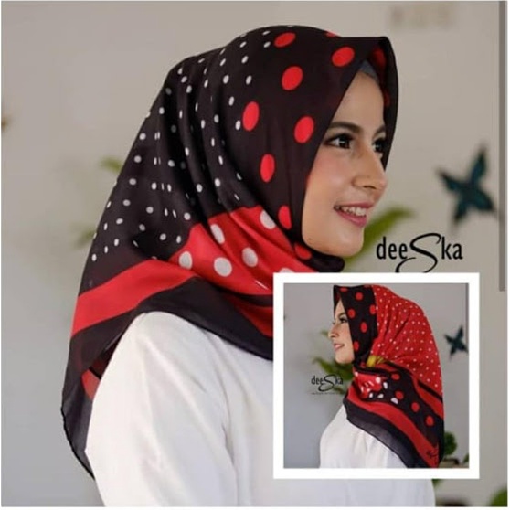 HIJAB SEGI EMPAT POLKADOT MERAH HITAM DEENAY KW MOTIF TERBARU / JILBAB / KERUDUNG DENAY VOAL PREMIUM