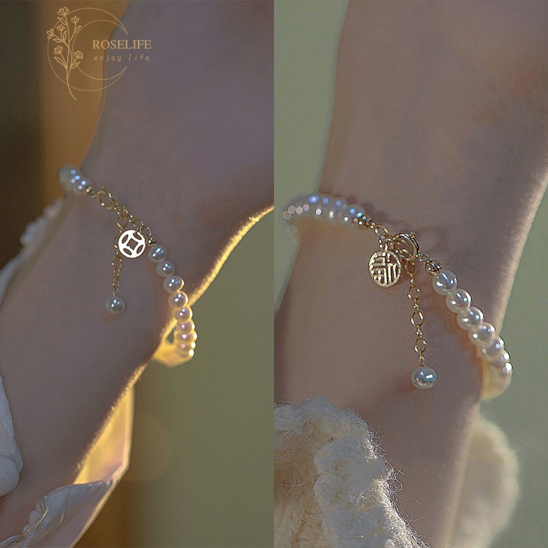 Roselife Vintage Gold Chinese Fortune Blessing Pendant Pearl Beaded Bracelet for Women Girl Lucky Wrist Chain Jewelry